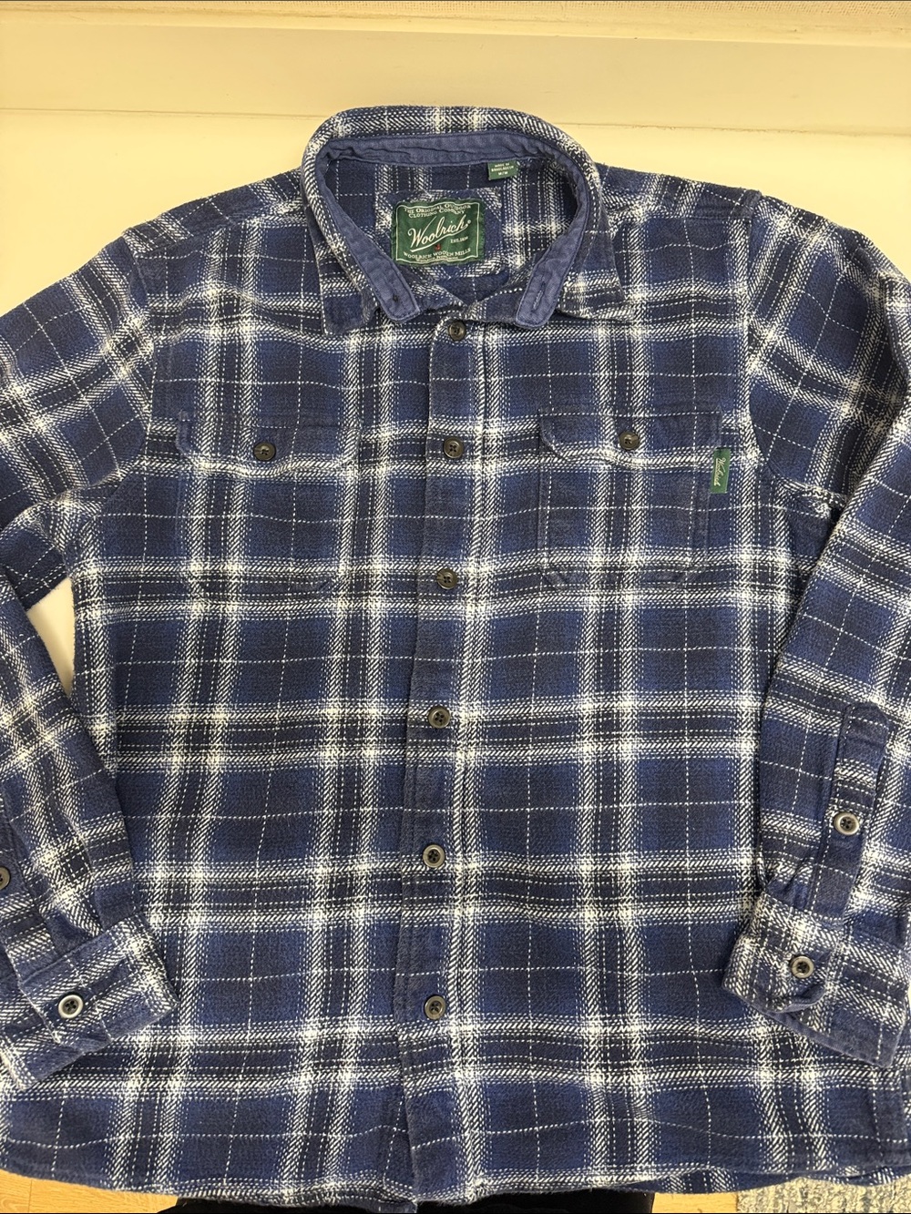 Woolrich Blue and White Plaid Wool Shirt -Shacket with Green Label